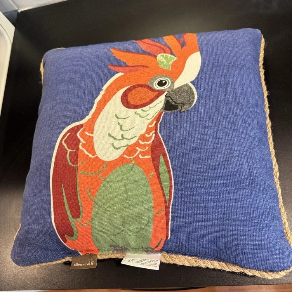Parrot Outdoor Pillow by Allen & Roth 16x16 Blue with Rope Trim Tropical Bird